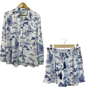 True Destinations 2pc Short Set Womens XL White Blue Tropical Toile Resortwear